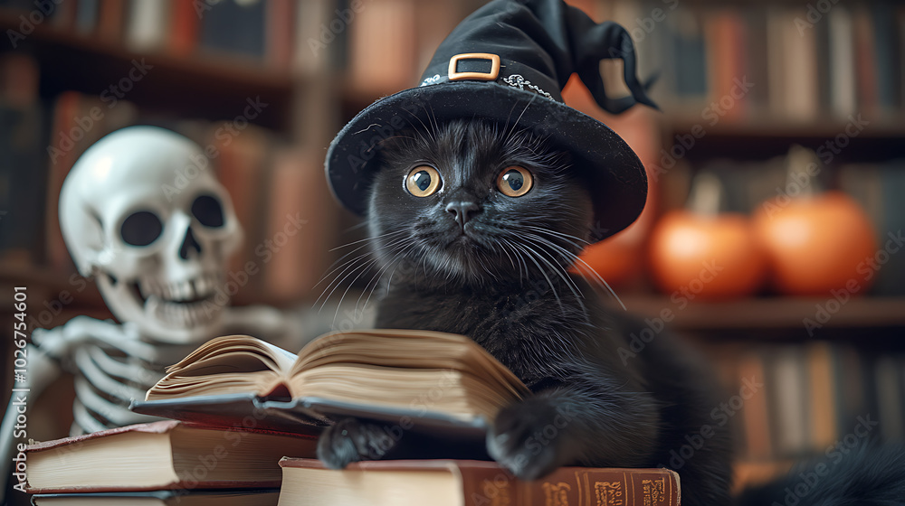 A playful black cat wearing a witch's hat next to books and a skeleton. A playful black cat wearing a witch's hat next to books and a skeleton.