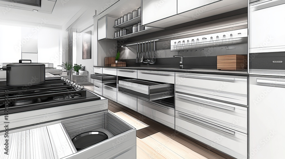 A modern kitchen with open drawers and a pan on the stove. The design is simple and sleek, shown in a 3D picture. A modern kitchen with open drawers and a pan on the stove. The design is simple and sleek, shown in a 3D picture.