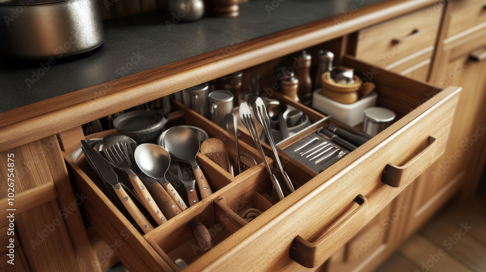A 3D image shows a kitchen drawer filled with various cooking tools and utensils. A 3D image shows a kitchen drawer filled with various cooking tools and utensils.