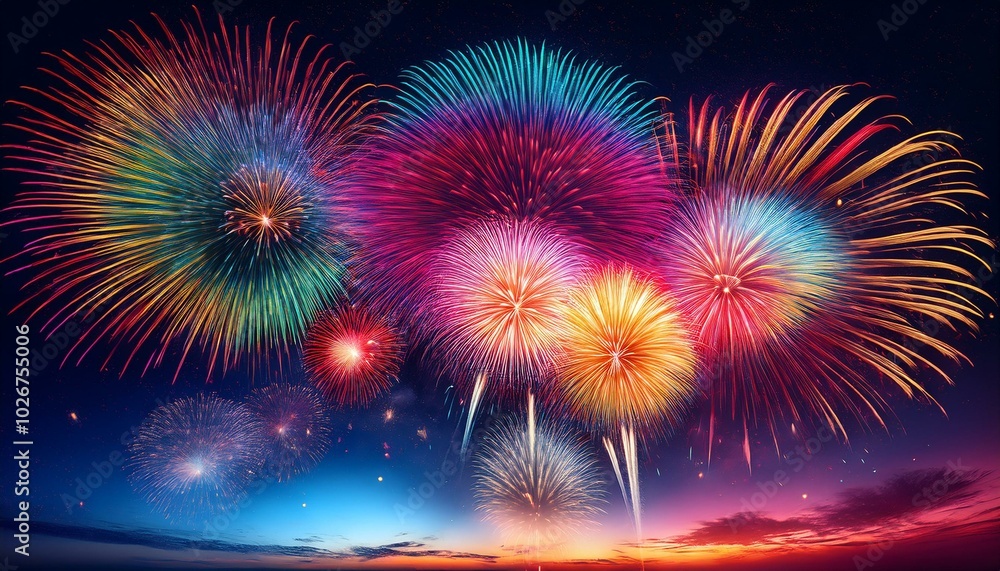 Fototapeta premium 夜空に打ち上がる花火が、瞬間的に大きく広がり、空一面にキラキラと光の粒が散りばめられる。色とりどりの花火が次々と咲き誇り、まるで夜空に絵を描いているかのような輝きが続く