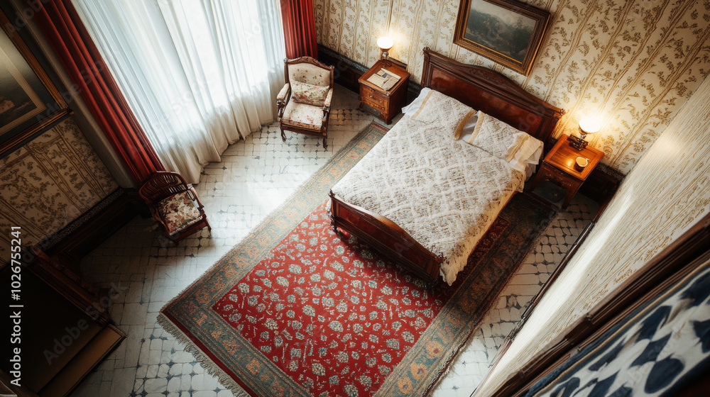 A bedroom, seen from above, designed in a traditional style. A bedroom, seen from above, designed in a traditional style.