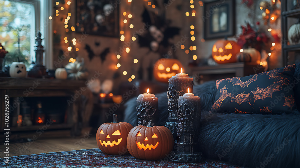 Fototapeta premium Cozy Halloween decor with carved pumpkins and candles in a warmly lit room.