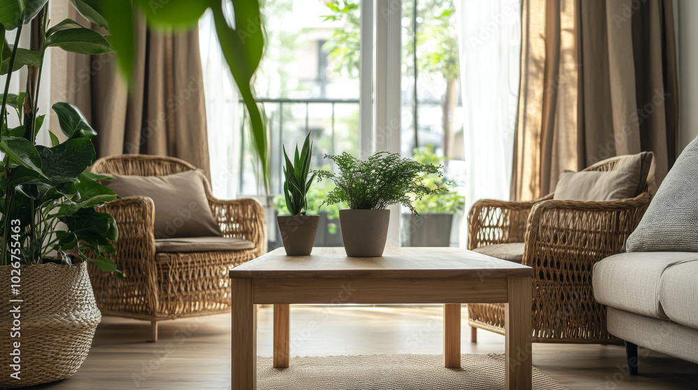 A simple, empty wooden table sits in a stylish living room. The room has comfortable rattan armchairs, flowing curtains, and greenery. A simple, empty wooden table sits in a stylish living room. The room has comfortable rattan armchairs, flowing curtains, and greenery.