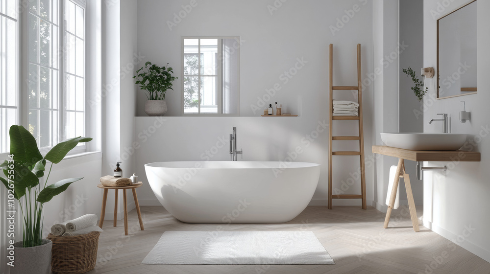 A simple, modern bathroom with white walls, designed in a Scandinavian style. A simple, modern bathroom with white walls, designed in a Scandinavian style.