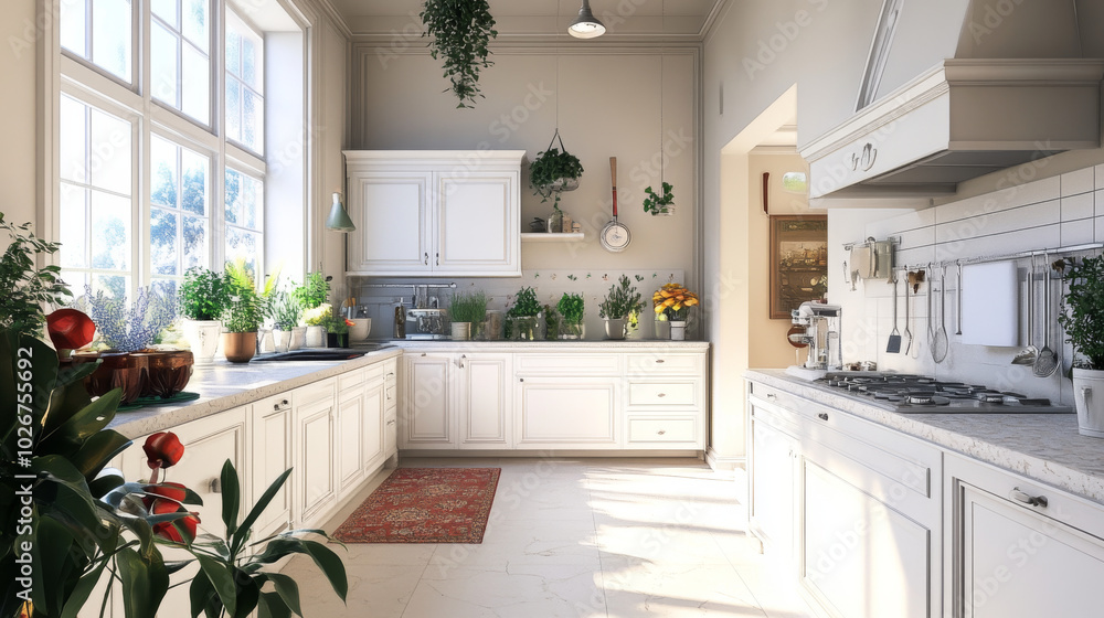 A white kitchen with a beautiful garden inside, created on a computer. A white kitchen with a beautiful garden inside, created on a computer.