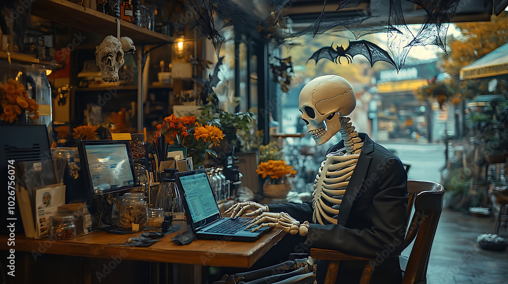 Skeleton in a suit working on a laptop in a cozy cafe with autumn decor. Skeleton in a suit working on a laptop in a cozy cafe with autumn decor.