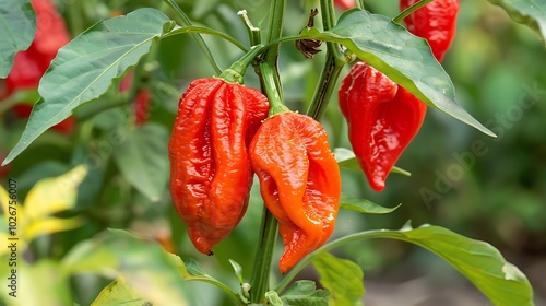 Close up of a ripe ghost pepper on its tree photo