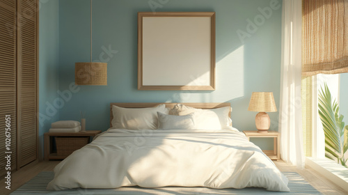 A picture of a bedroom with a beachy style, showing a blank frame on the wall. The image looks very realistic, like it was created in a 3D program.