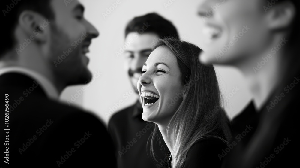Professionals smiling and laughing after a successful meeting, blurred and minimalistic composition with ample copy space. Professionals smiling and laughing after a successful meeting, blurred and minimalistic composition with ample copy space.