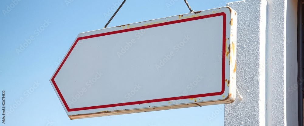 Obraz premium White and Red Weathered Sign Hangs Against a Blue Sky