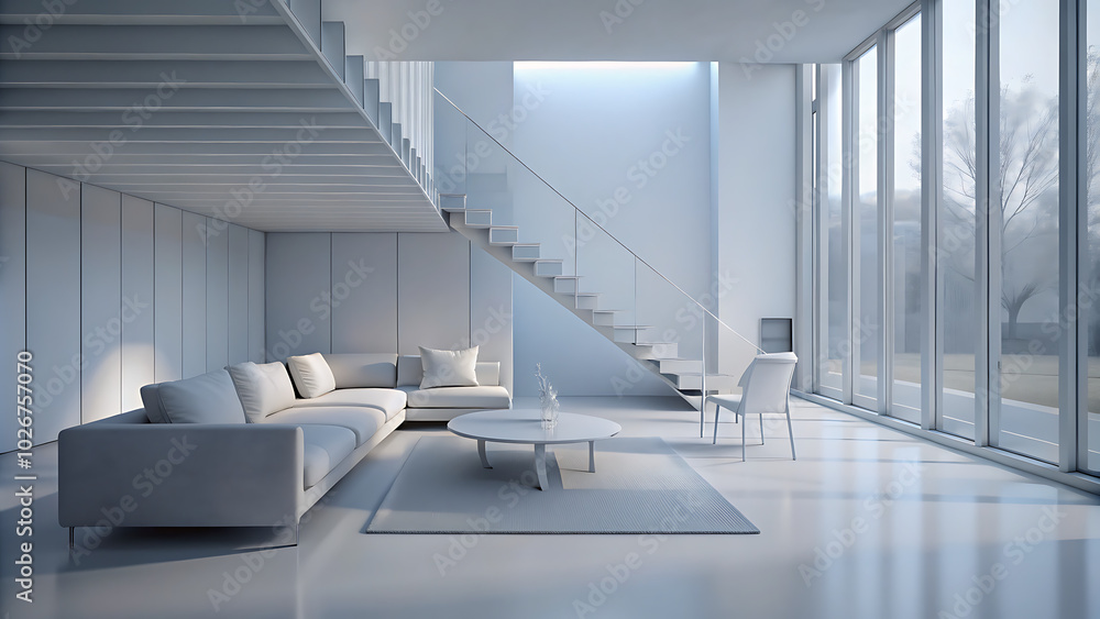 Fototapeta premium 3d modern minimalist living room with a white sectional sofa, a glass coffee table, and a white chair. There is a staircase in the background, and large windows offer a view of a tree outside.