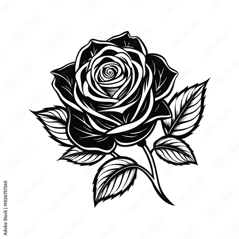 Silhouette artwork of a rose flower, complemented by lovely leaves and radiant petals. Silhouette artwork of a rose flower, complemented by lovely leaves and radiant petals.