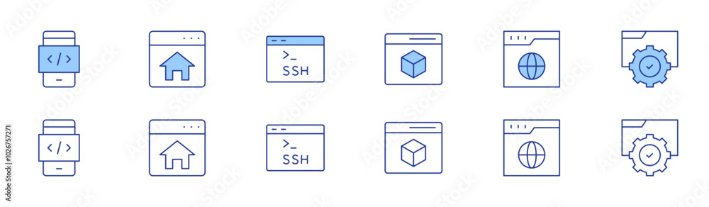 Website icon set in two styles, Duotone and Thin Line style. Editable stroke. modeling, website, mobile app, homepage, ssh Website icon set in two styles, Duotone and Thin Line style. Editable stroke. modeling, website, mobile app, homepage, ssh