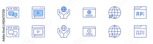 Website icon set in two styles, Duotone and Thin Line style. Editable stroke. error, online, forum, video, web page, world