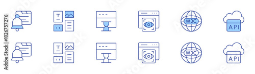 Website icon set in two styles, Duotone and Thin Line style. Editable stroke. notification, view, semantic web, layout, api, web