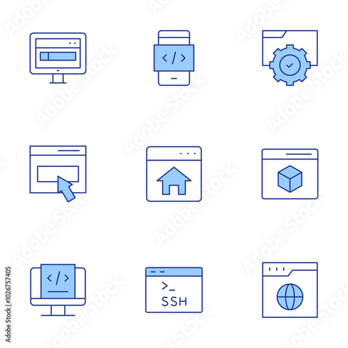 Website icons set. Line Duotone style, editable stroke. modeling, contact, website, mobile app, homepage, ssh, coding