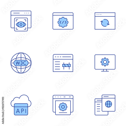 Website icons set. Line Duotone style, editable stroke. online learning, view, semantic web, web maintenance, api, update, website