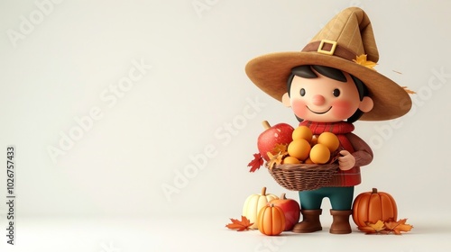 Cheerful autumn themed character figurine holding a basket filled with colorful pumpkins squash and other harvest produce The character is wearing a festive hat and has a friendly smiling expression