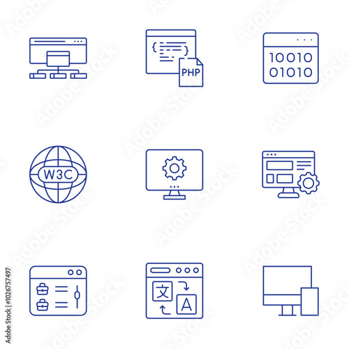 Website icons set. Thin Line style, editable stroke. semantic web, web maintenance, user experience, job offer, online translator, adaptive, sitemap, php, binary code