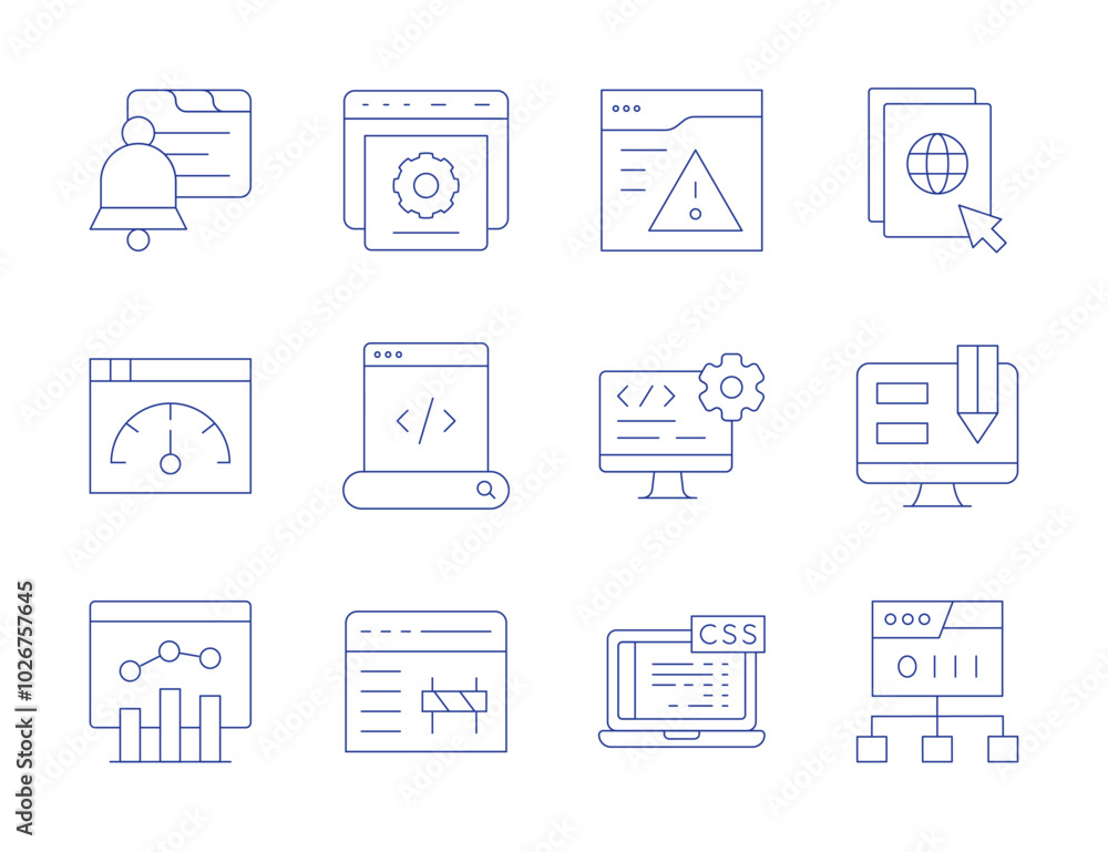 Website icons. Thin Line style, editable stroke. notification, software developer, site, website, web browser, web design, web maintenance, web, css, analytics, warning Website icons. Thin Line style, editable stroke. notification, software developer, site, website, web browser, web design, web maintenance, web, css, analytics, warning