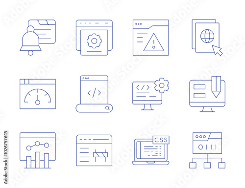 Website icons. Thin Line style, editable stroke. notification, software developer, site, website, web browser, web design, web maintenance, web, css, analytics, warning