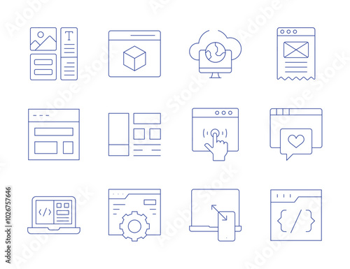 Website icons. Thin Line style, editable stroke. modeling, content, interface, browser, settings, css, layout, remote access, web design, clicking, web development, responsive