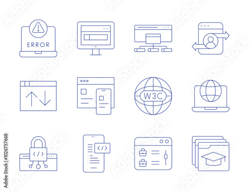 Website icons. Thin Line style, editable stroke. web traffic, semantic web, website, mobile web, world wide web, development, education, job offer, web security, sitemap, error