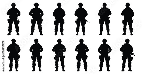 Soldier silhouettes set, military pack of vector silhouette design, isolated background.