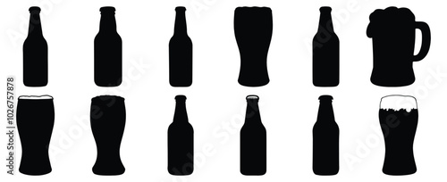 Beer silhouettes set, drink pack of vector silhouette design, isolated background.