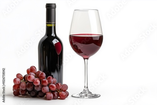 Glass of red wine, bottle and bunch of grapes isolated on white background. 