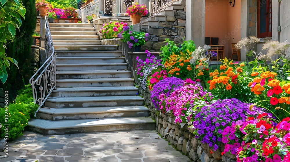 Colorful flower beds in an attractive house yard that border an old staircase Colorful flower beds in an attractive house yard that border an old staircase