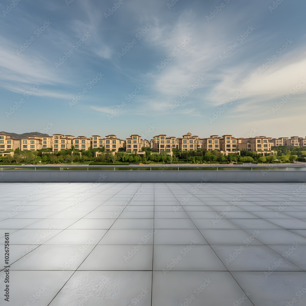 Obraz premium Modern city skyline at sunset with skyscrapers reflecting golden sunlight, spacious tiled floor, and metal railing in the foreground, perfect for urban lifestyle, travel, and architecture content.