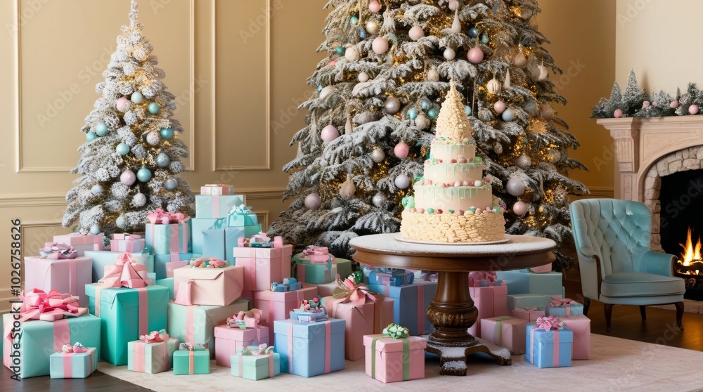 クリスマス、たくさんプレゼントの置かれた暖炉のある部屋 クリスマス、たくさんプレゼントの置かれた暖炉のある部屋