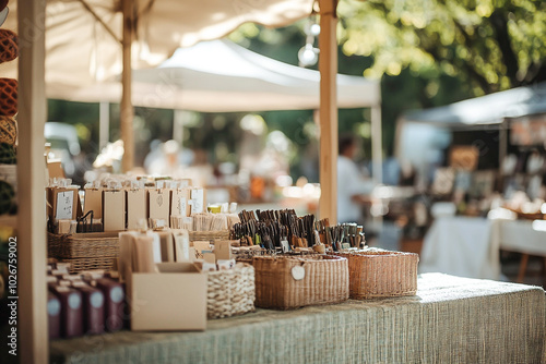 Wallpaper Mural Lively market stall with eco-friendly stationery in sunlit tents with a rustic ambiance Torontodigital.ca