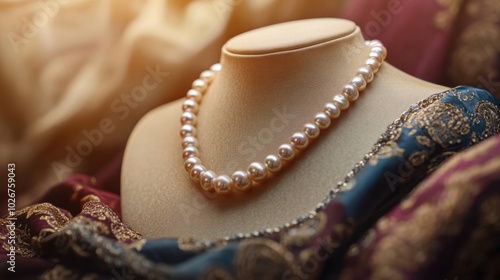 Elegant Pearl Necklace on Display with Fabric Background