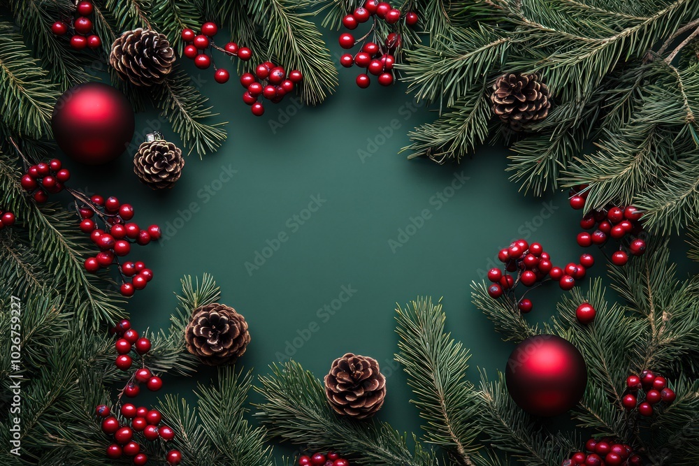 Blank advertising mockup for advertisement for the New Year card, top view, green background with evergreen wigs, red berries and christmas baubles, Blank advertising mockup for advertisement for the New Year card, top view, green background with evergreen wigs, red berries and christmas baubles,