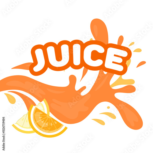 Juice inscription with liquid splash and citrus pieces 