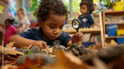 Curious Preschoolers Exploring Nature with Magnifying Glasses in a Vibrant Classroom Setting