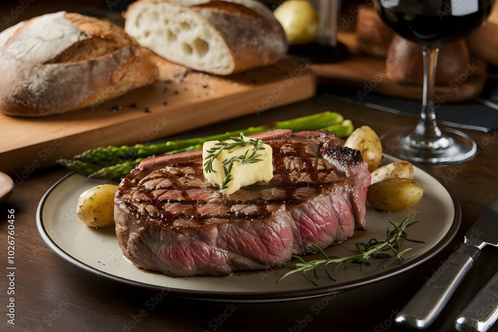Perfectly Cooked Medium Rare Steak with Rosemary and Butter Garnish. Perfectly Cooked Medium Rare Steak with Rosemary and Butter Garnish.
