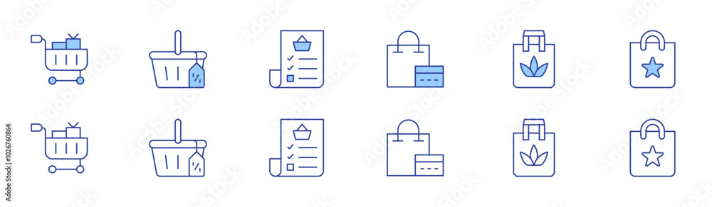 Shopping icon set in two styles, Duotone and Thin Line style. Editable stroke. shopping bag, shopping cart, shopping basket, shopping list Shopping icon set in two styles, Duotone and Thin Line style. Editable stroke. shopping bag, shopping cart, shopping basket, shopping list