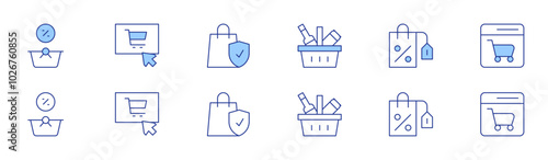 Shopping icon set in two styles, Duotone and Thin Line style. Editable stroke. shopping bag, shopping cart, shopping online, purchase