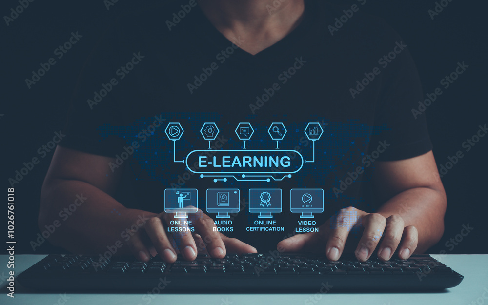 © MUNTHITA - e-learning education concept, learning online with webinar, video tutorial, internet lessons. Concept of Online education. Online education training and e-learning webinar on internet for personal.