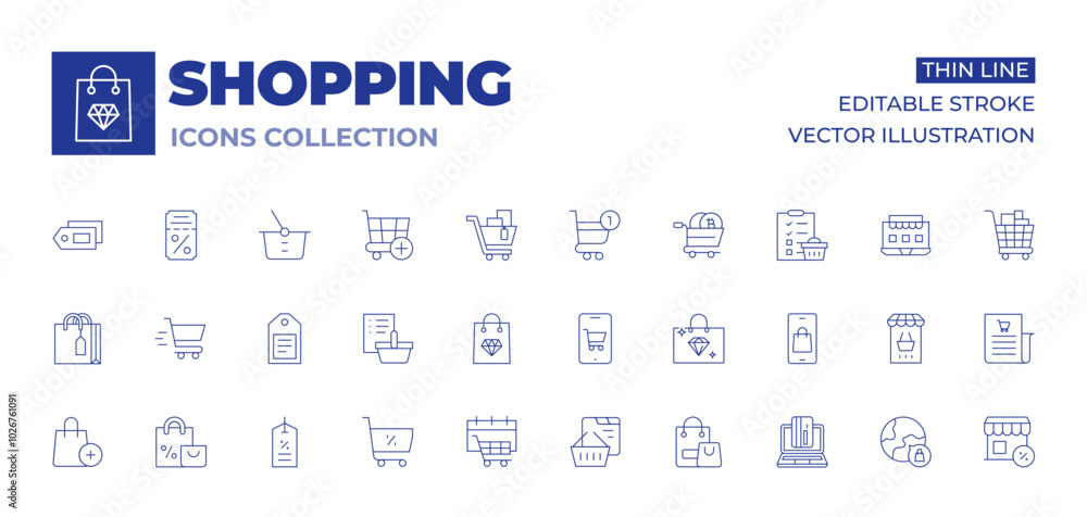 Shopping icons collection. Thin Line icons, editable stroke. cart, add to cart, bag, mobile phone, jewelry, list, global market, online , tag, sales, purchase, label, ticket Shopping icons collection. Thin Line icons, editable stroke. cart, add to cart, bag, mobile phone, jewelry, list, global market, online , tag, sales, purchase, label, ticket