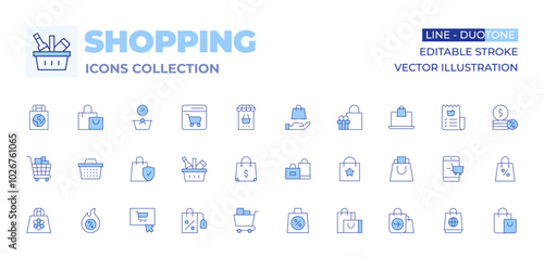 Shopping icons collection. Line Duotone style, editable stroke. shopping cart, shopping online, shopping bag, online shopping, discount, hot deal, duty free, shopping basket