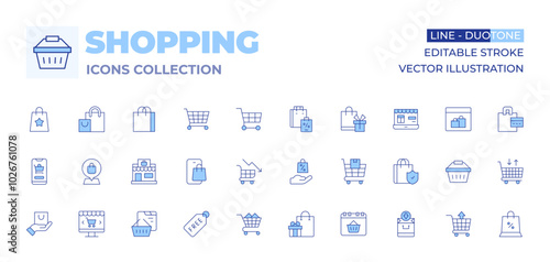 Shopping icons collection. Line Duotone style, editable stroke. shopping, online shopping, mall, free, online shop, location pin, shopping cart, shopping basket, shopping bag