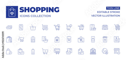 Shopping icons collection. Thin Line icons, editable stroke. cart, add to cart, bag, mobile phone, jewelry, list, global market, online , tag, sales, purchase, label, ticket