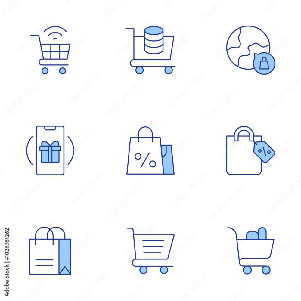 Shopping icons set. Line Duotone style, editable stroke. shopping bag, shopping cart, online shopping, loyalty, global market Shopping icons set. Line Duotone style, editable stroke. shopping bag, shopping cart, online shopping, loyalty, global market