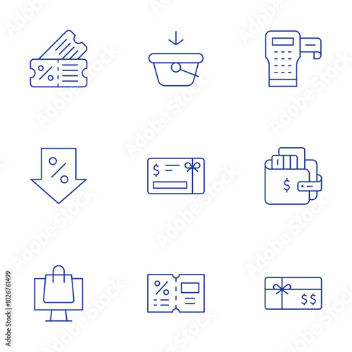 Shopping icons set. Thin Line style, editable stroke. coupon, add, labeling, decrease, money, wallet, online shop, voucher, gift card