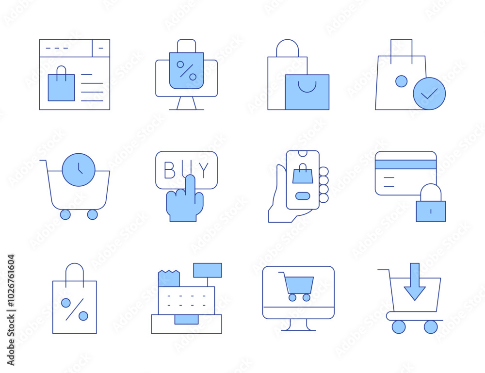 Shopping icons. Line Duotone style, editable stroke. online shopping, shopping cart, shopping bag, credit card, online shop, online order, cash machine, buy Shopping icons. Line Duotone style, editable stroke. online shopping, shopping cart, shopping bag, credit card, online shop, online order, cash machine, buy