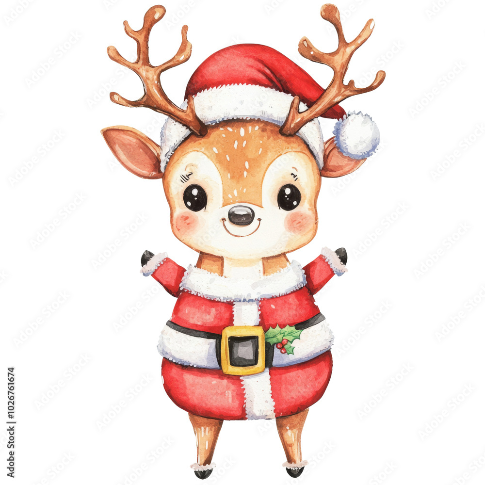 Fototapeta premium Adorable reindeer dressed as Santa brings festive cheer, perfect for holiday projects and children's themes. Ideal for conveying joy and warmth during the Christmas season.